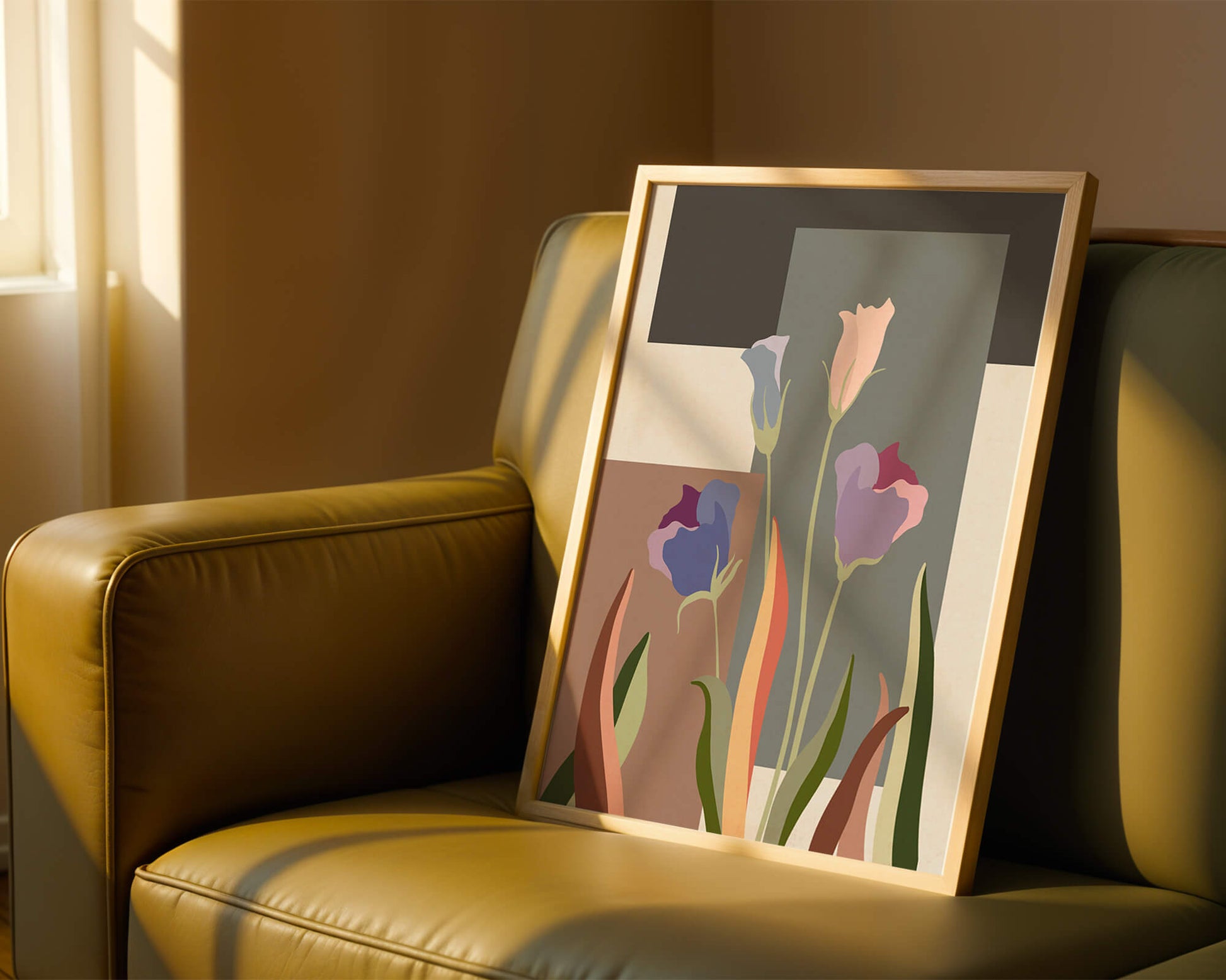 Arte floral abstracto con fondo geométrico colorido