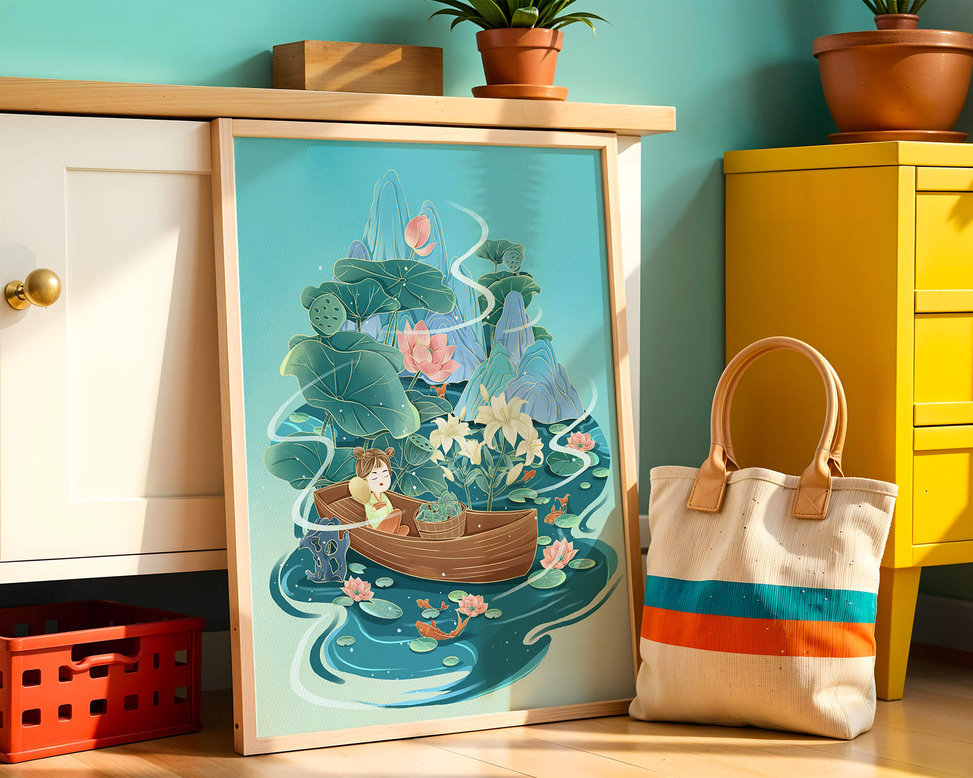 Serene landscape with lotus and boat in a tranquil water scene