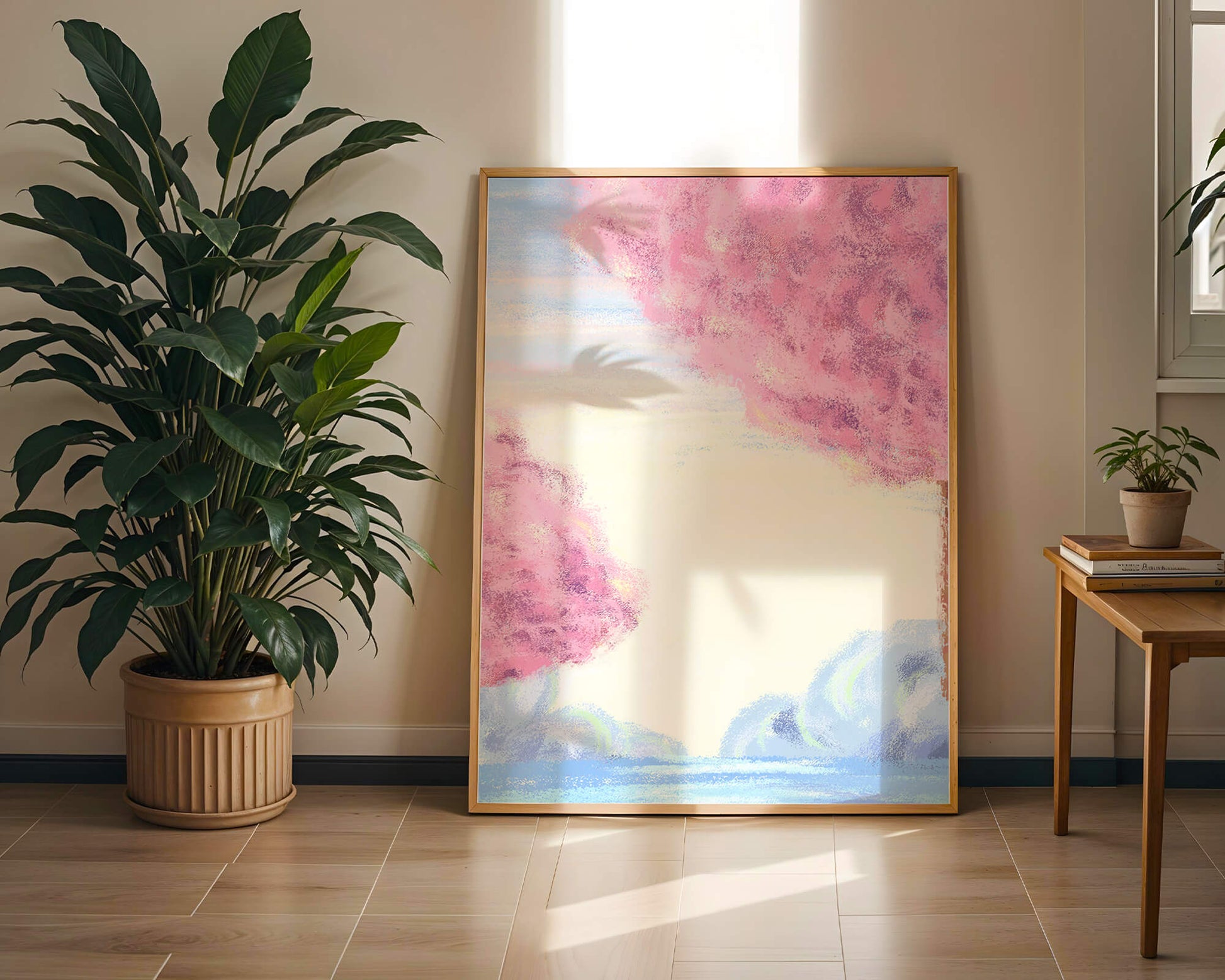 Serene Landscape with Cherry Blossom Trees and Tranquil Sky