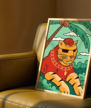 Stylish cartoon tiger lounging under a tropical palm tree with gold accessories