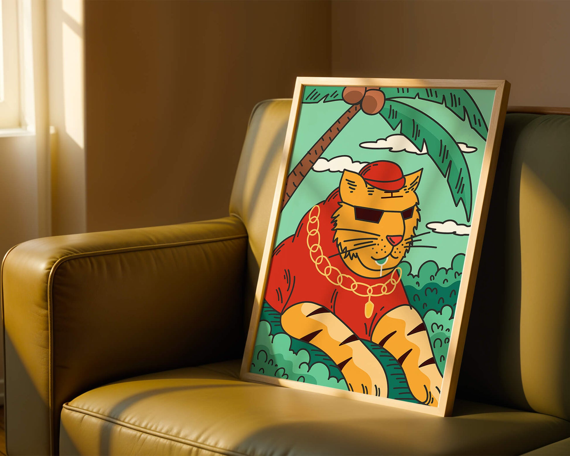 Stylish cartoon tiger lounging under a tropical palm tree with gold accessories