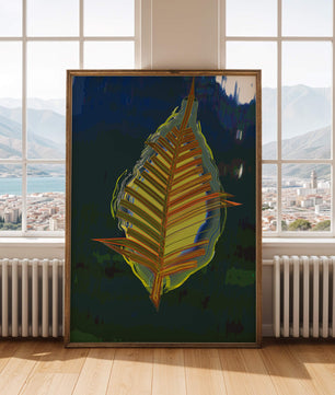Abstract digital artwork featuring a vibrant multicolored leaf