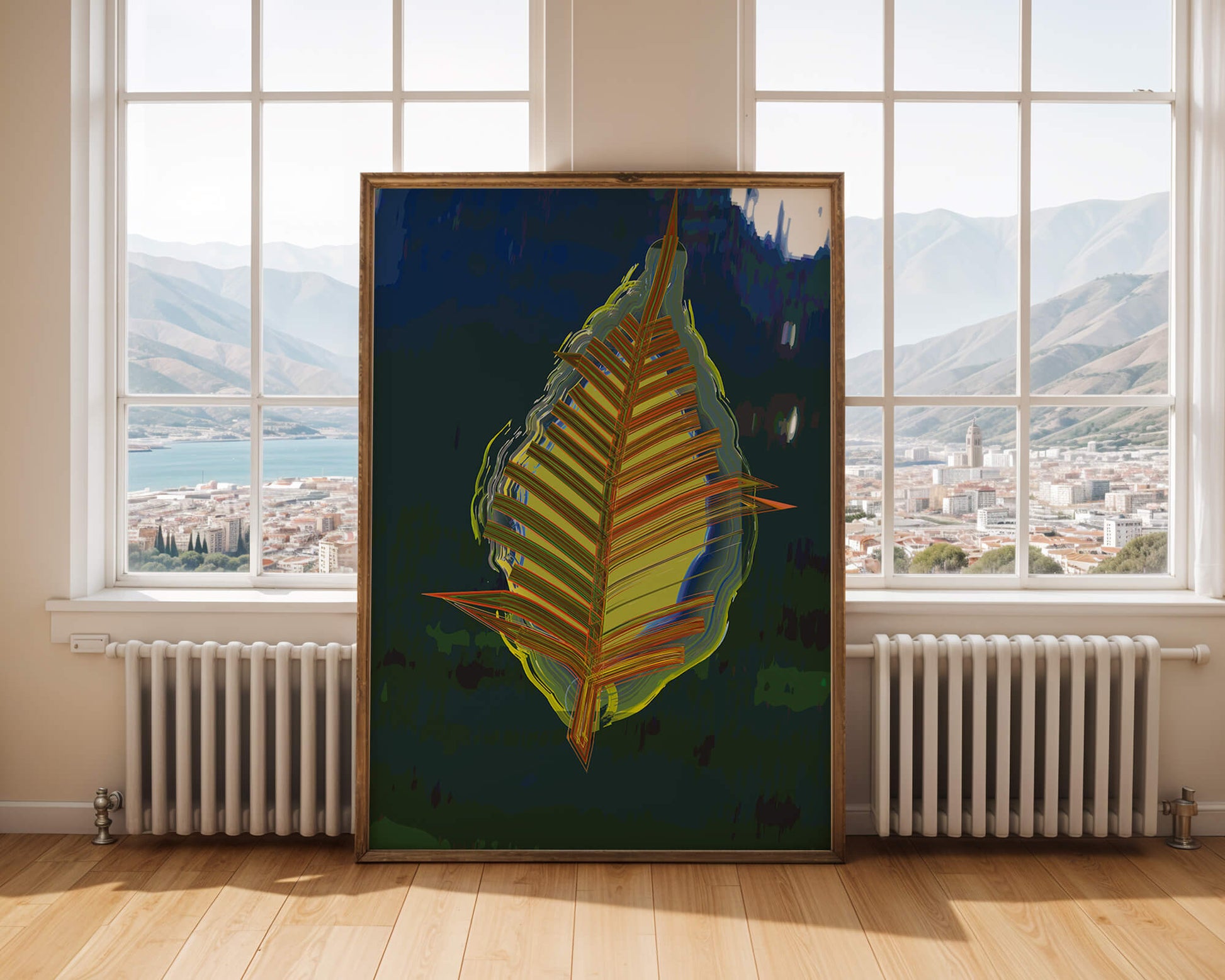 Abstract digital artwork featuring a vibrant multicolored leaf