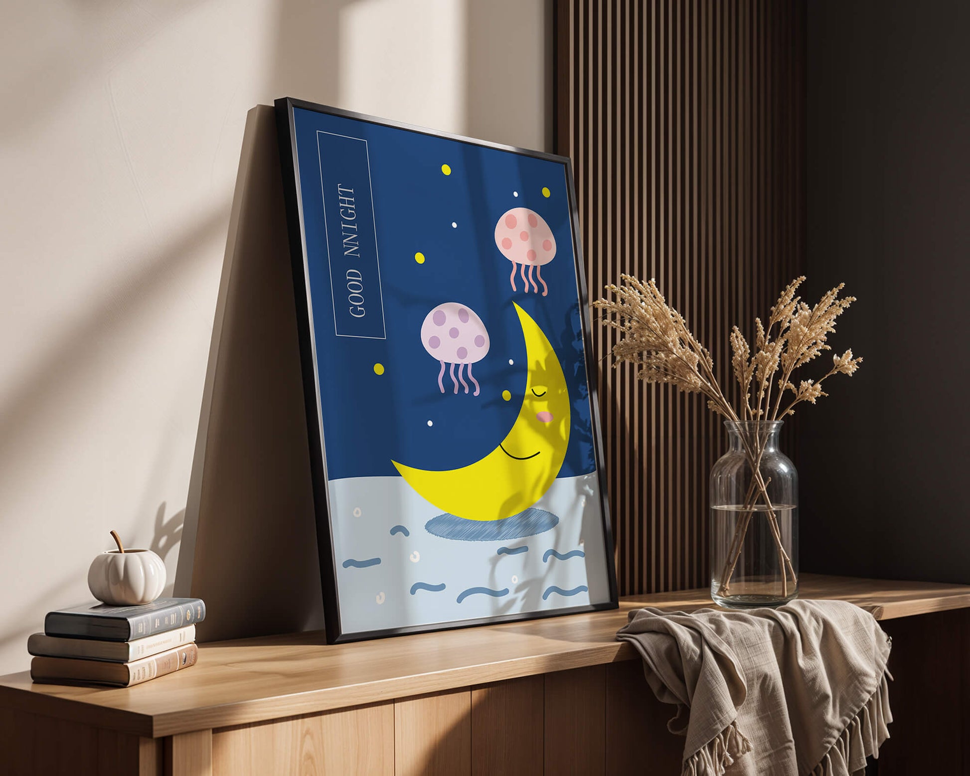 Whimsical night scene with a smiling moon and playful jellyfish