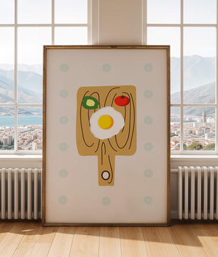 Ilustración de una escena de desayuno con huevo, aguacate y tomate sobre tabla de madera