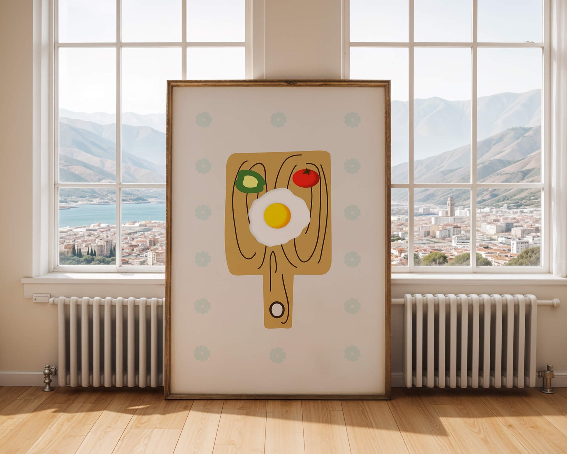 Ilustración de una escena de desayuno con huevo, aguacate y tomate sobre tabla de madera