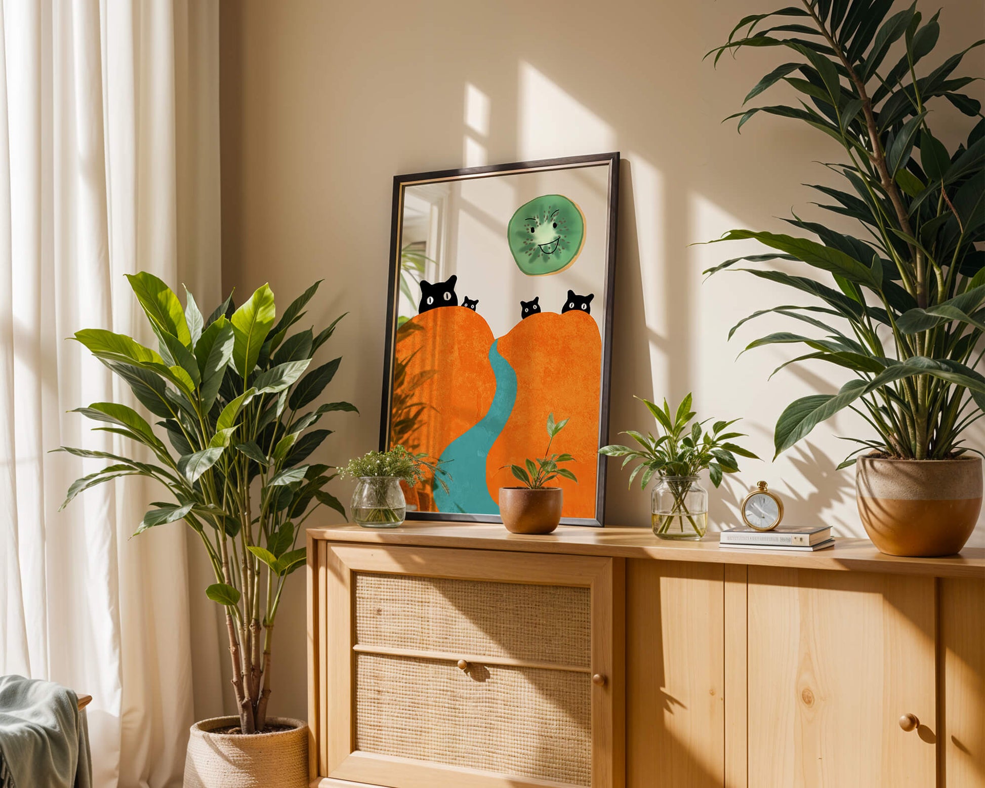 Playful Cats and Smiling Kiwi in Vibrant Hills