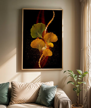 Art abstrait floral avec des feuilles de gingko dorées et un fond sombre