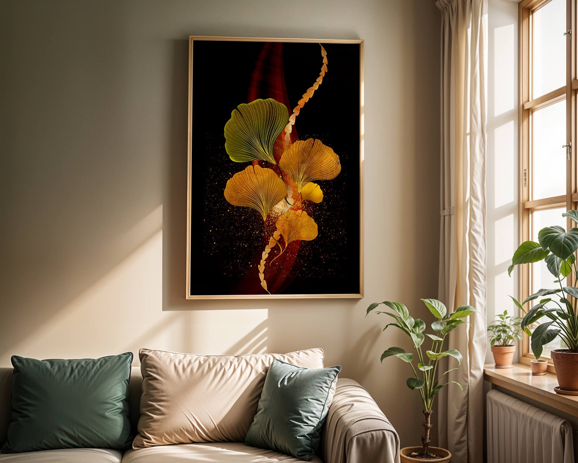 Art abstrait floral avec des feuilles de gingko dorées et un fond sombre