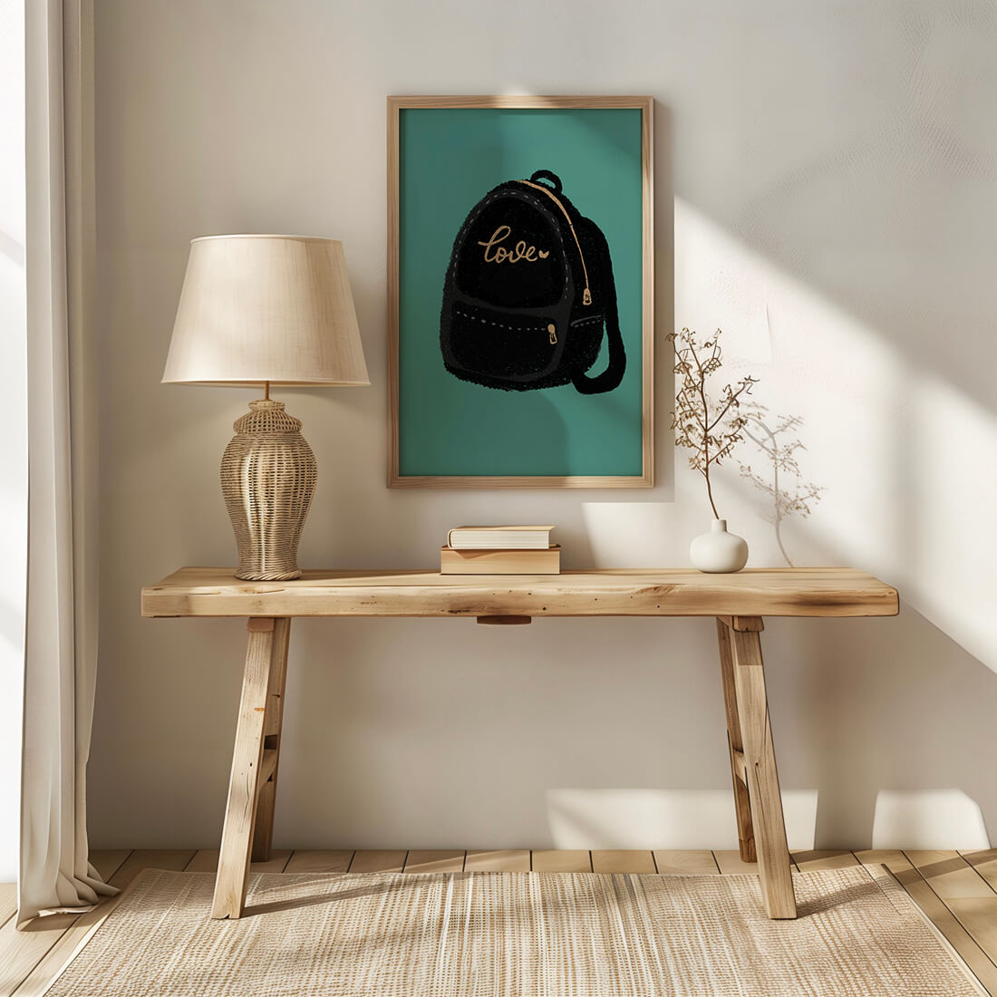Elegant black backpack with gold accents and love inscription