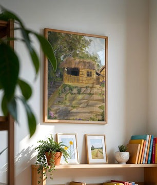 Charming Countryside Cottage with Thatch Roof and Lush Greenery