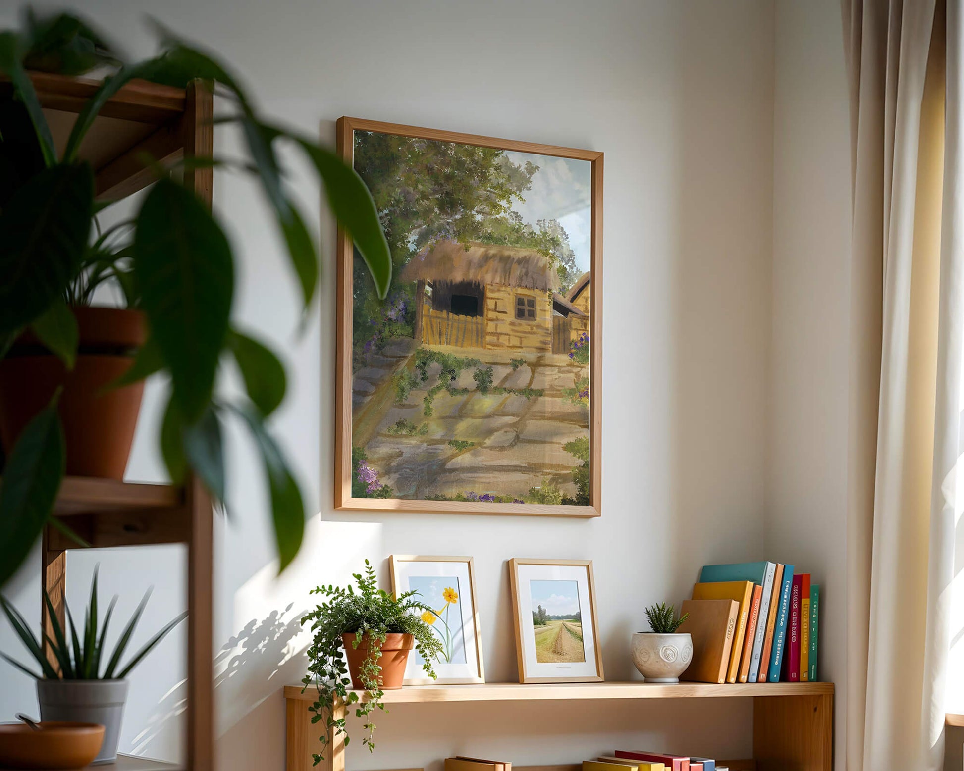 Charming Countryside Cottage with Thatch Roof and Lush Greenery