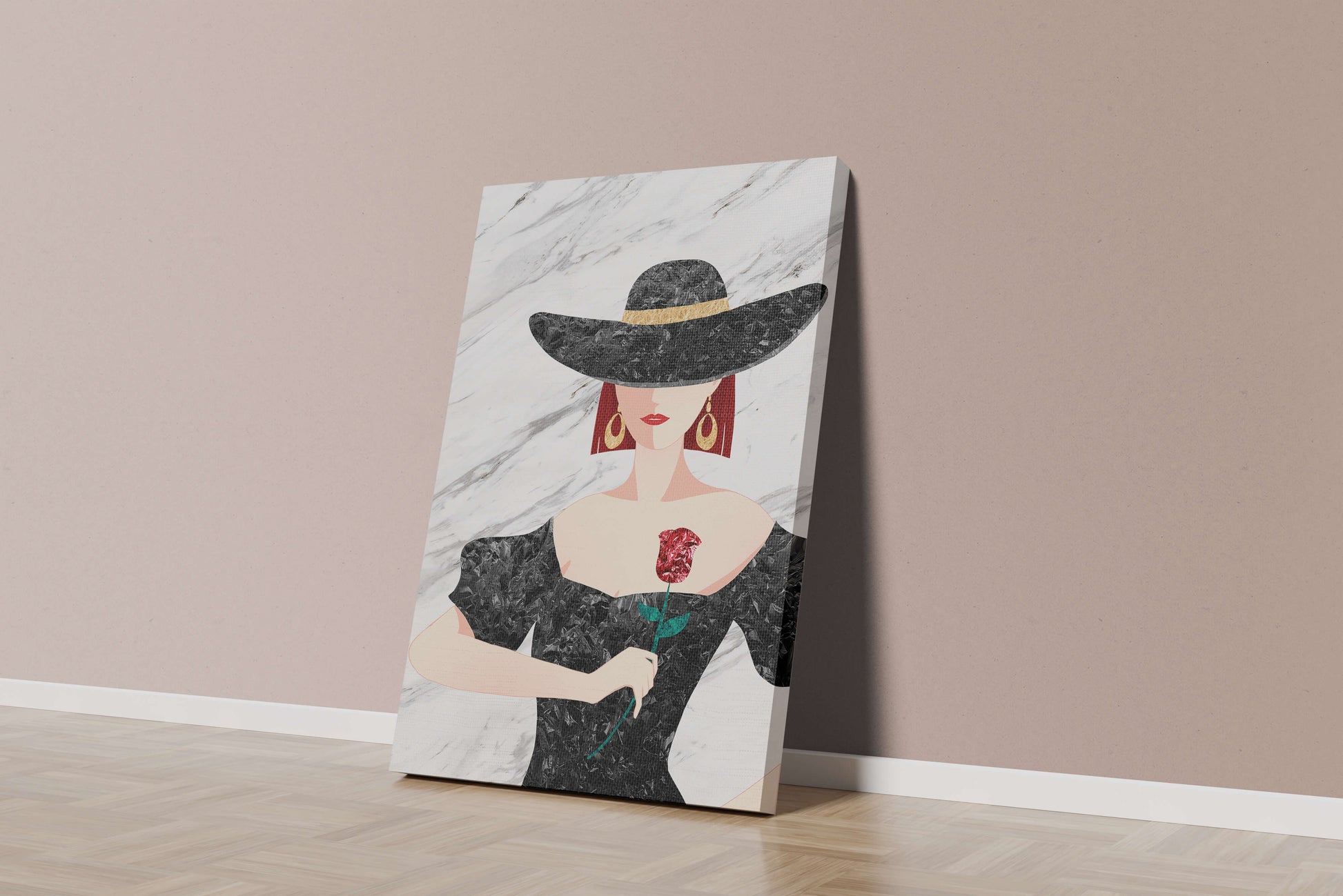 Elegante Frau mit stilvollem schwarzen Hut und roter Rose