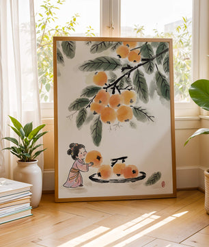 Arte japonés con una niña recogiendo caquis bajo un árbol