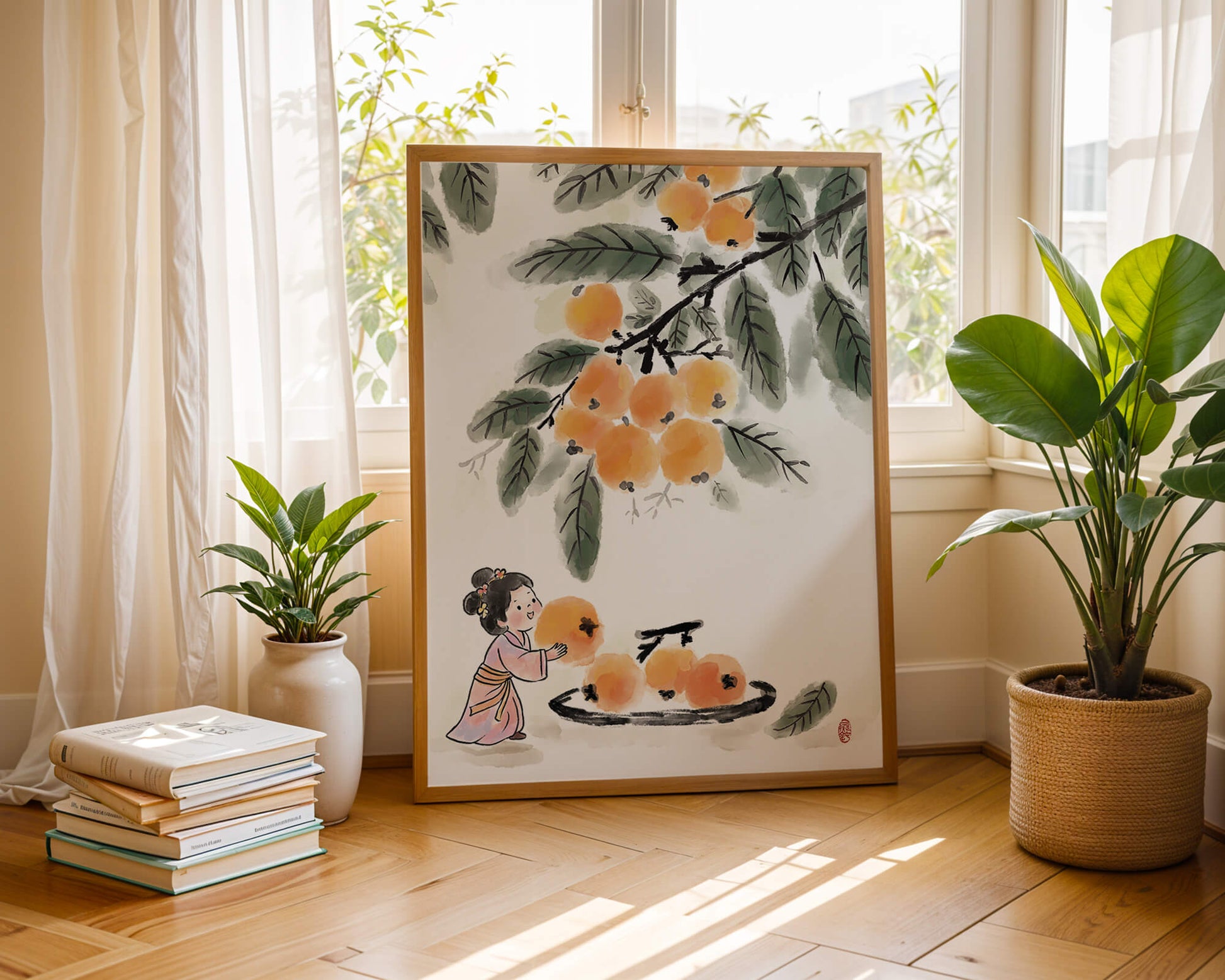 Arte japonés con una niña recogiendo caquis bajo un árbol