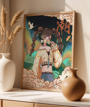 Anime girl with glasses surrounded by nature and cranes