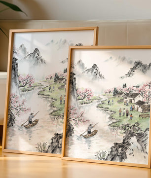 Idyllic Village Scene with Cherry Blossoms and a River
