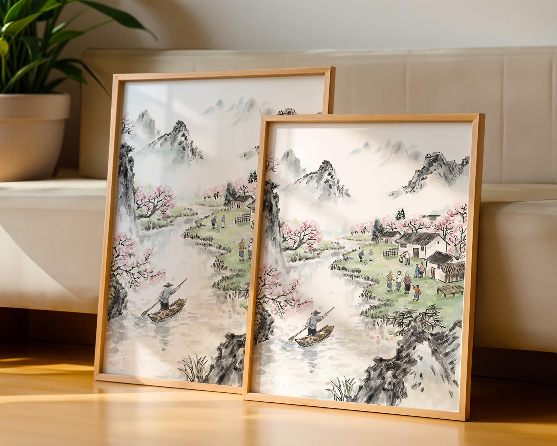 Idyllic Village Scene with Cherry Blossoms and a River