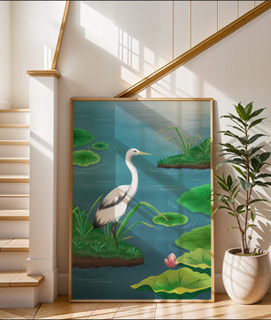 Serene wetland scene with white crane and water lilies