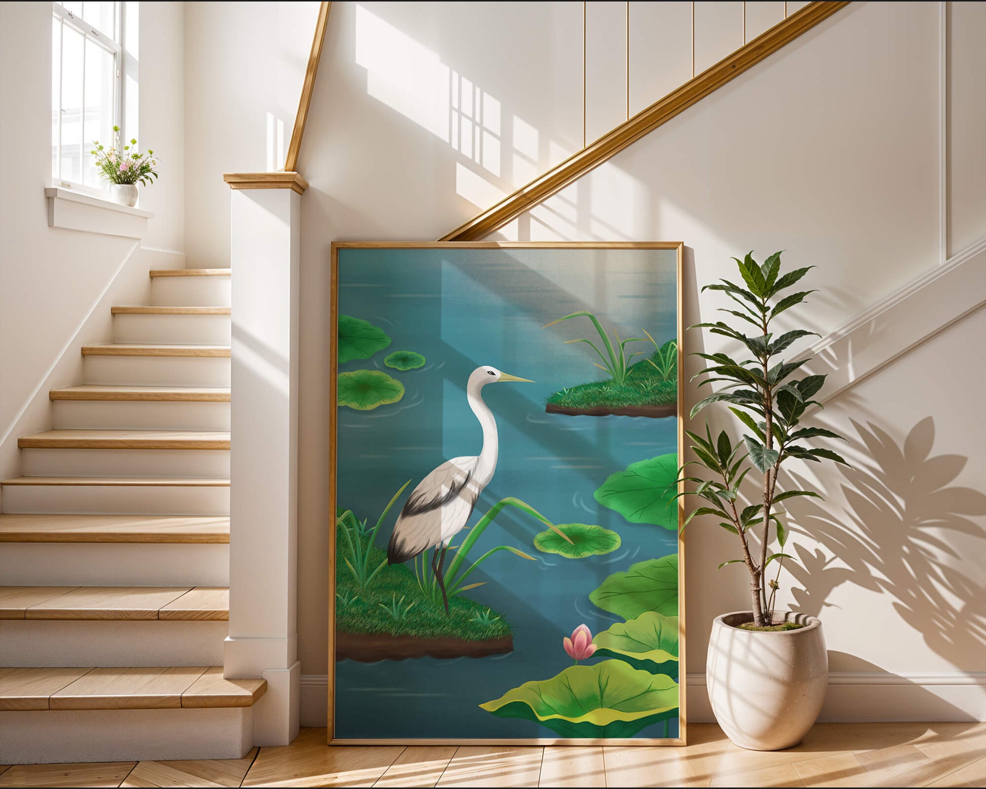Serene wetland scene with white crane and water lilies