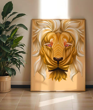 Lion Face with Intricate Golden Pattern and Flowing Mane