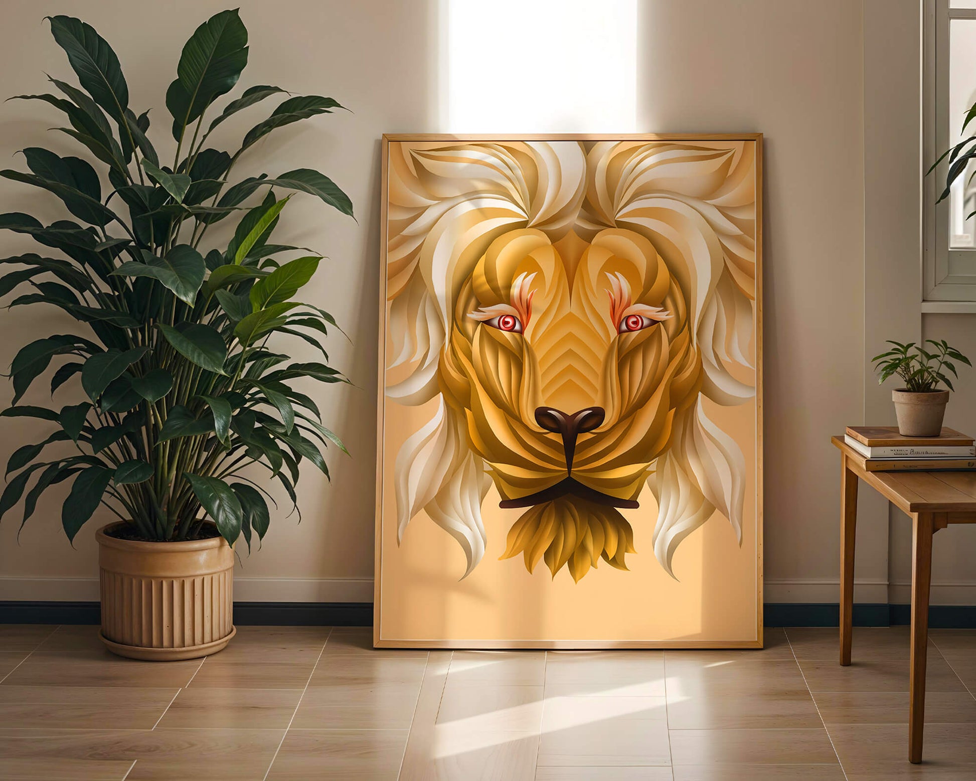 Lion Face with Intricate Golden Pattern and Flowing Mane