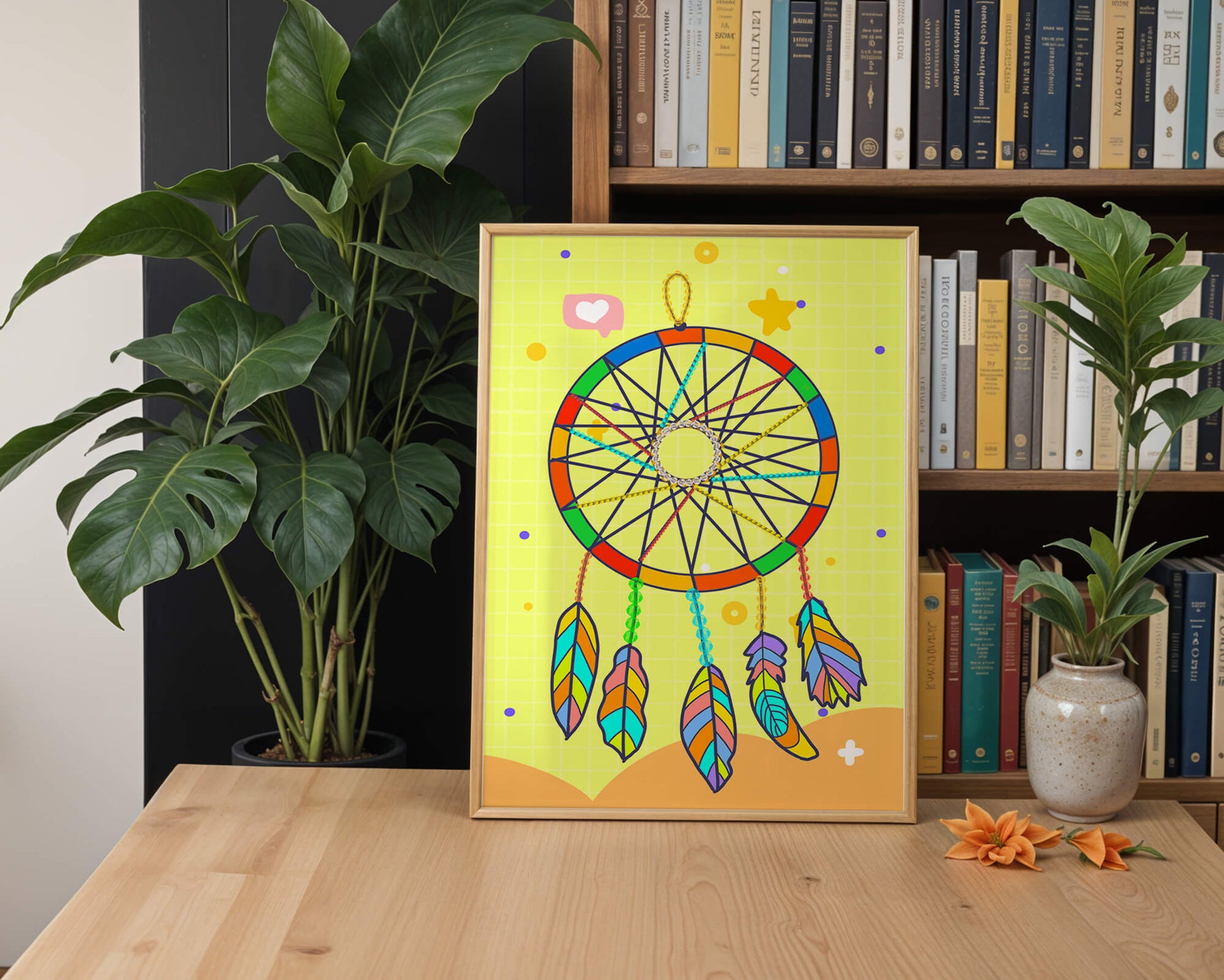 Colorful dreamcatcher on a vibrant yellow background