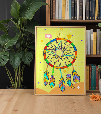 Colorful dreamcatcher on a vibrant yellow background