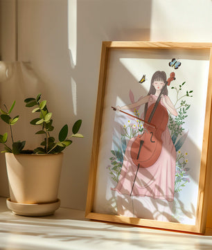 Girl Playing Cello Surrounded by Nature with Butterflies - Mi tienda
