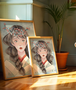 Illustration d'une jeune femme avec une coiffe florale sur fond de ciel nuageux