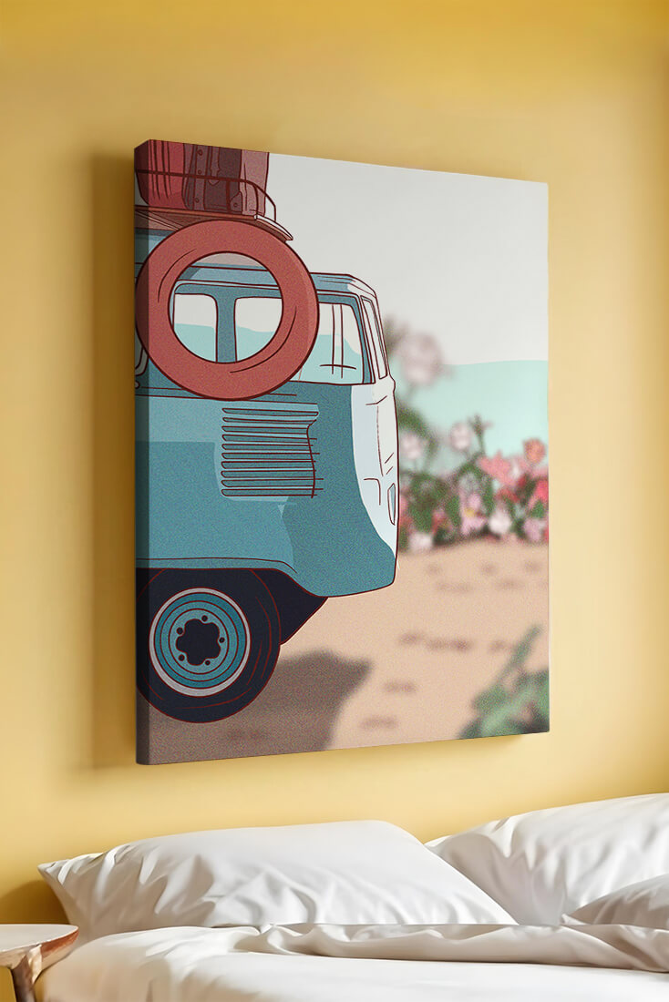 Viaje por carretera de verano en una furgoneta azul vintage