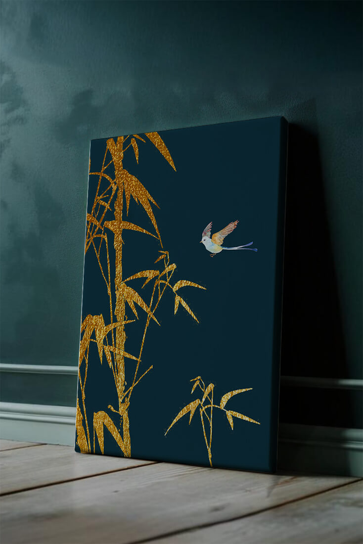 Golden bamboo and bird against a deep blue background