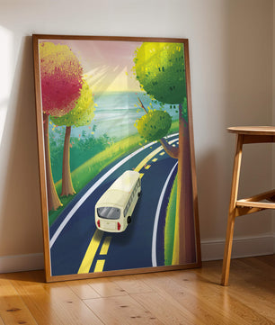 Scenic Road Trip with Vibrant Trees and Sunset