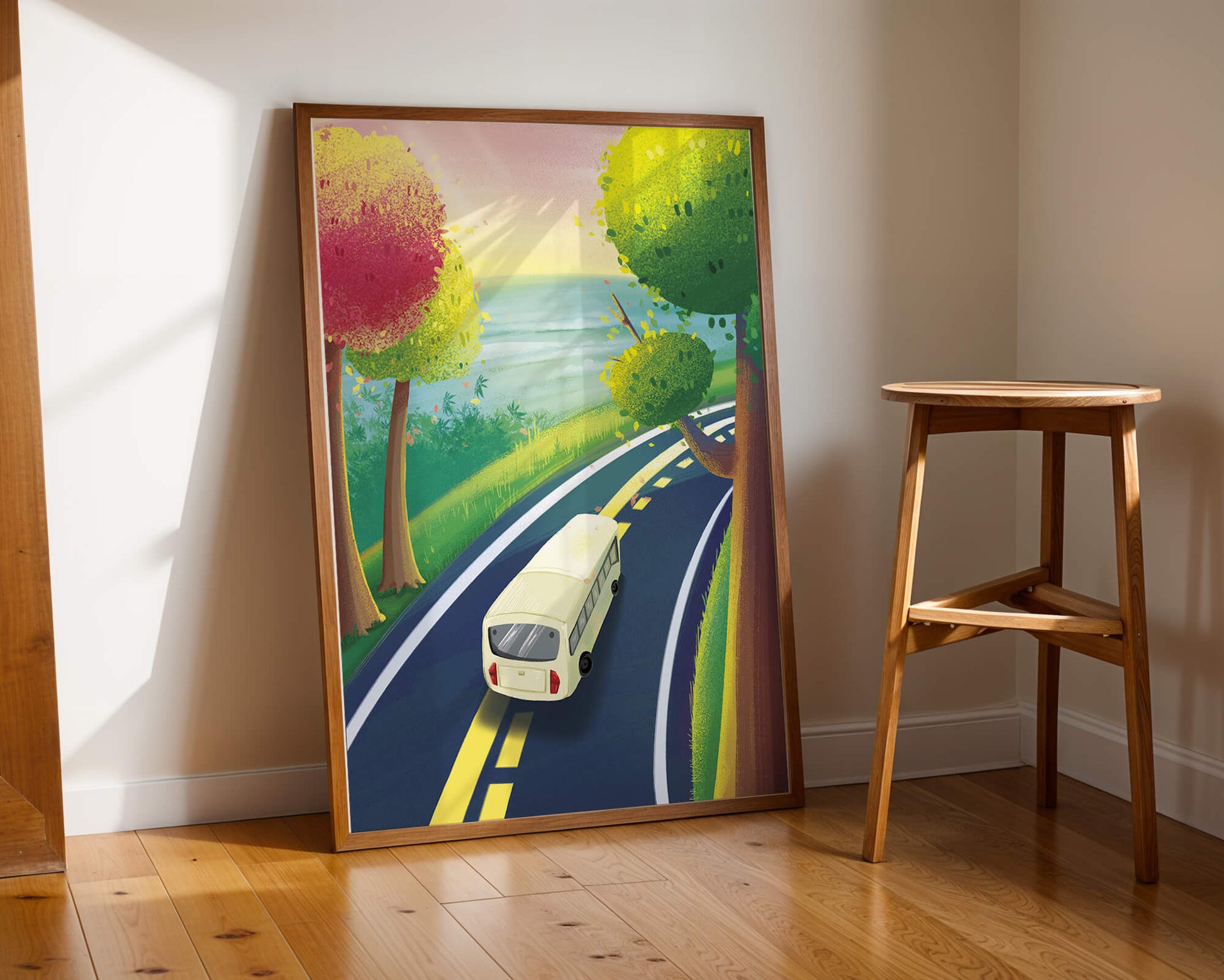 Scenic Road Trip with Vibrant Trees and Sunset