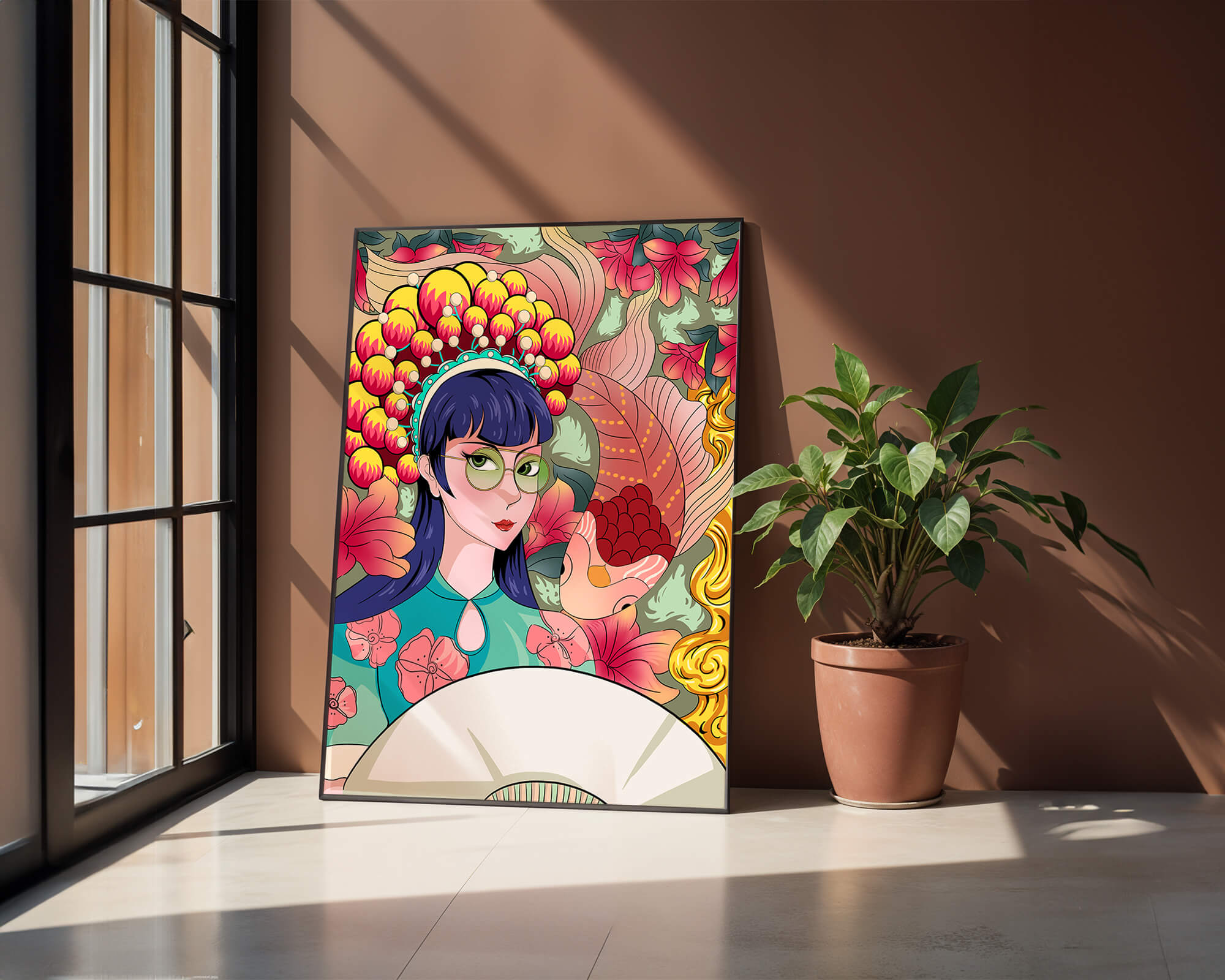 Colorful illustration of a woman with floral headdress and fish background
