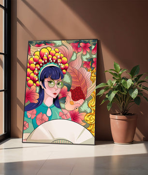 Illustration colorée d’une femme avec une coiffe florale et un fond de poissons