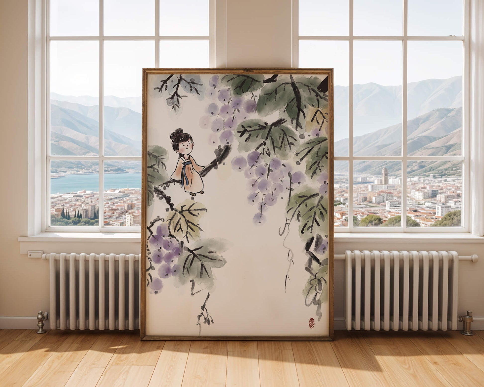 Una chica caprichosa sentada en una rama con bayas moradas y hojas verdes en estilo acuarela