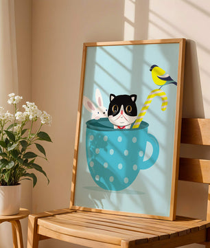 Playful illustration of cat, rabbit, and bird in a teacup