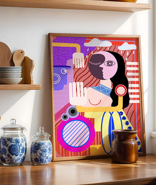 Abstrakte geometrische Kunst mit einer weiblichen Figur in leuchtenden Farben