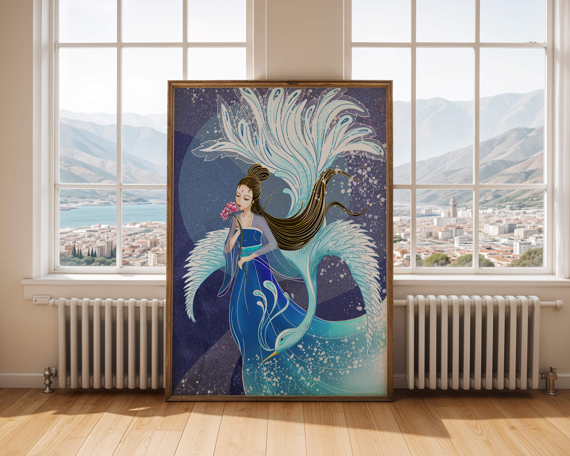 Elegant woman with floral motif and ethereal bird illustration