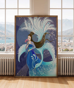 Elegant woman with floral motif and ethereal bird illustration