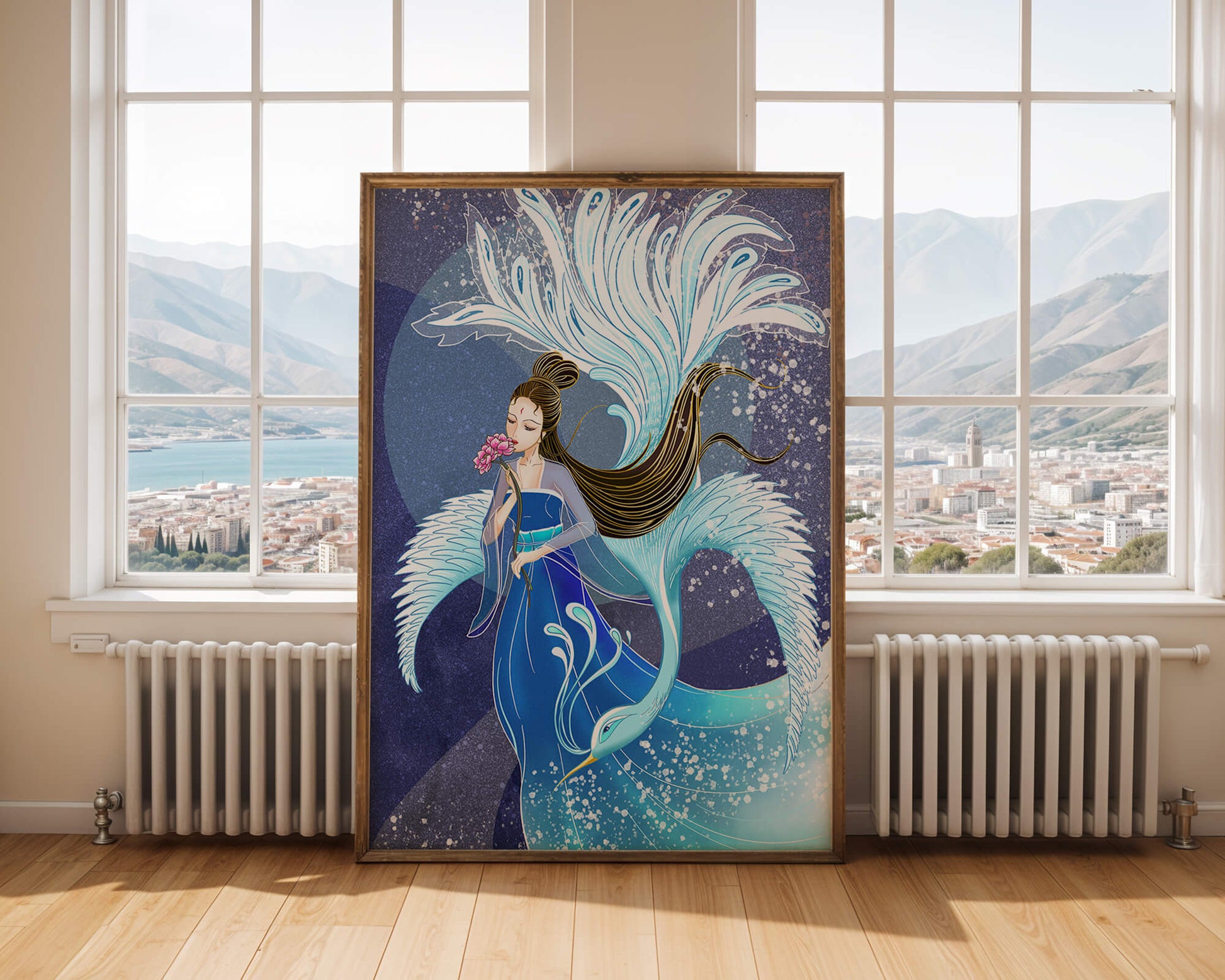 Elegant woman with floral motif and ethereal bird illustration