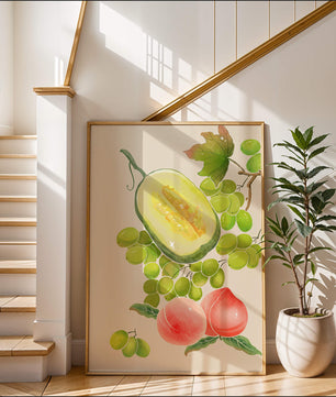 Ilustración de frutas vibrantes que incluye uvas, melón y duraznos