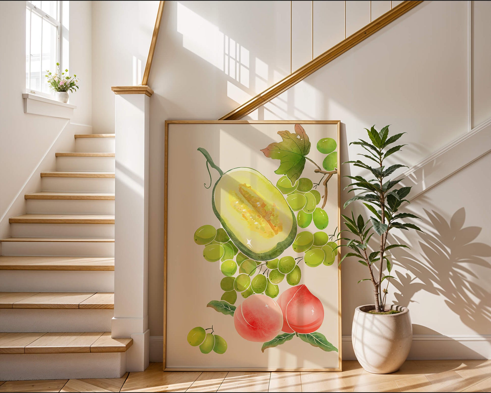 Ilustración de frutas vibrantes que incluye uvas, melón y duraznos
