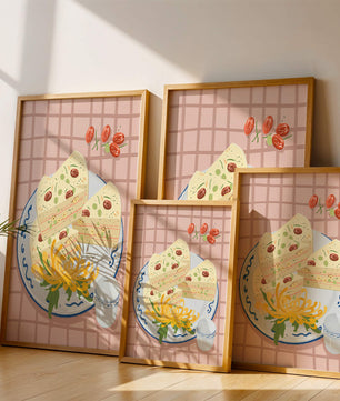 Illustration of layered cake on patterned plate with flowers and a cup