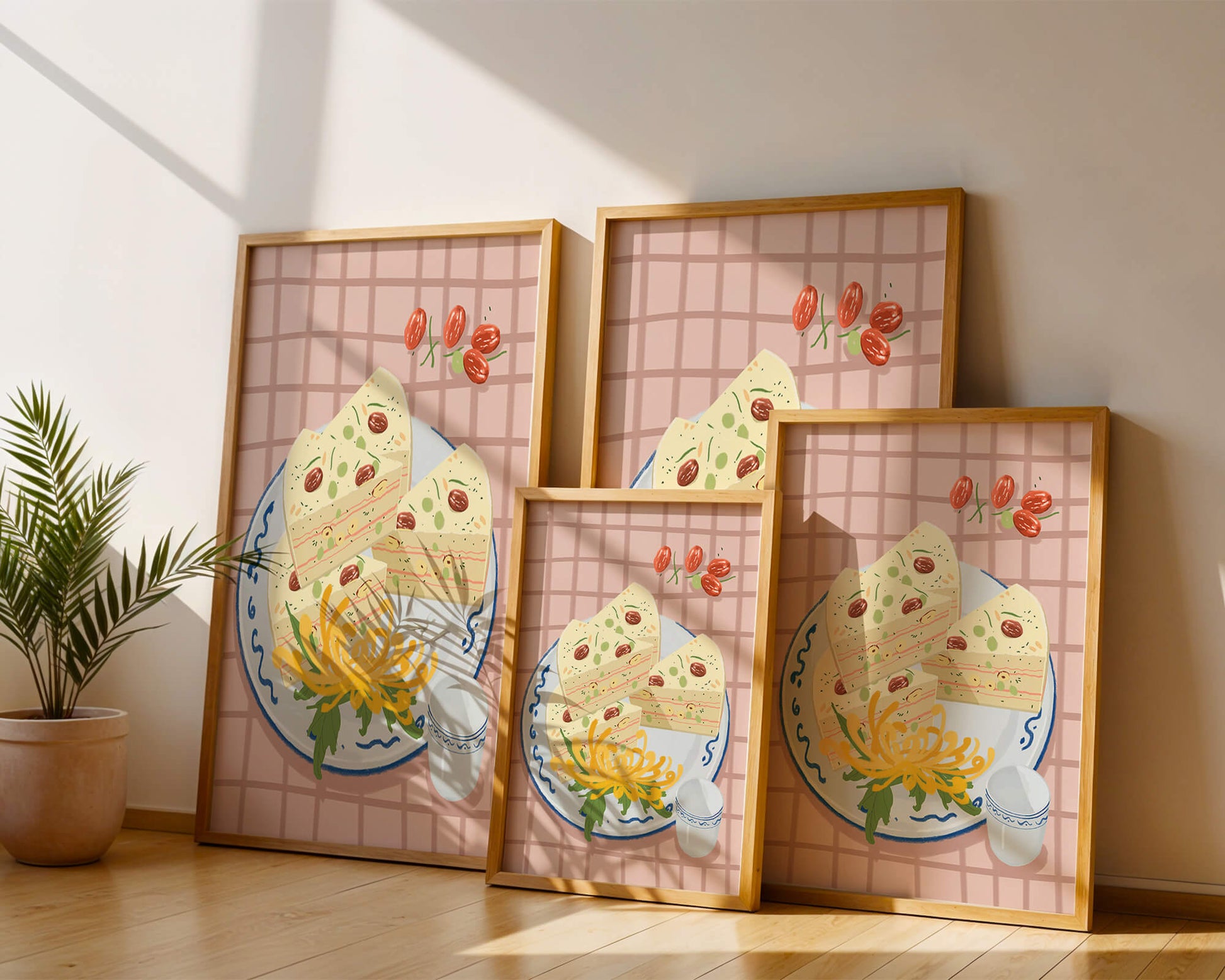 Illustration of layered cake on patterned plate with flowers and a cup
