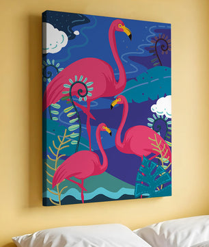 Colorful illustration of flamingos in a tropical setting