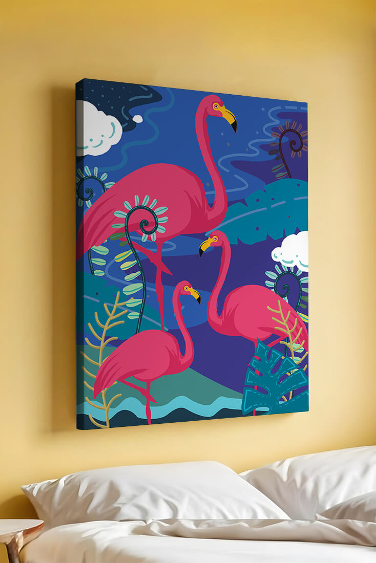 Colorful illustration of flamingos in a tropical setting