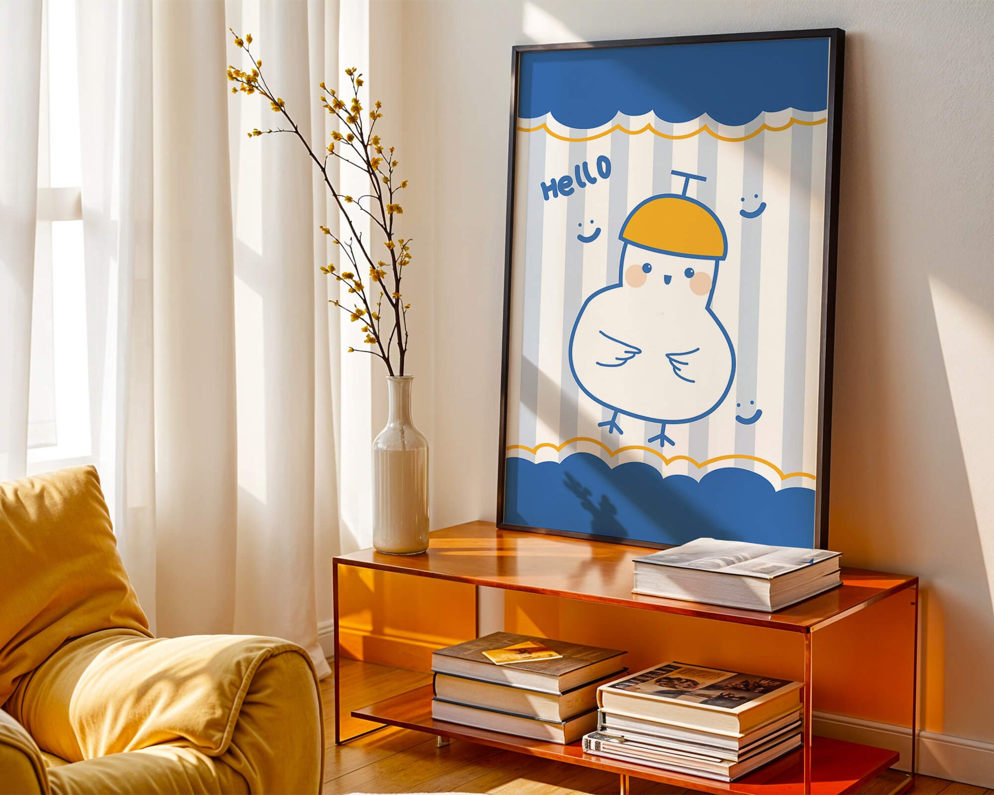 Cartoon bird illustration with cheerful design elements