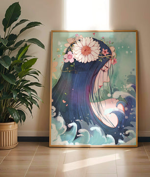 Illustration of a serene woman with floral crown and ocean waves